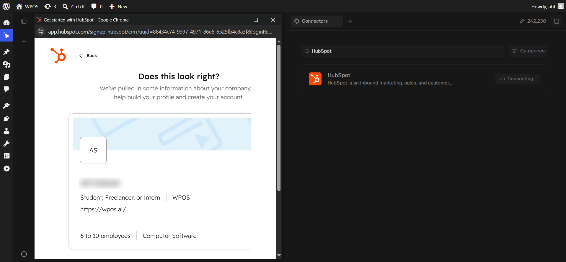 HubSpot's signup wizard asking whether the pre-filled company profile looks right.