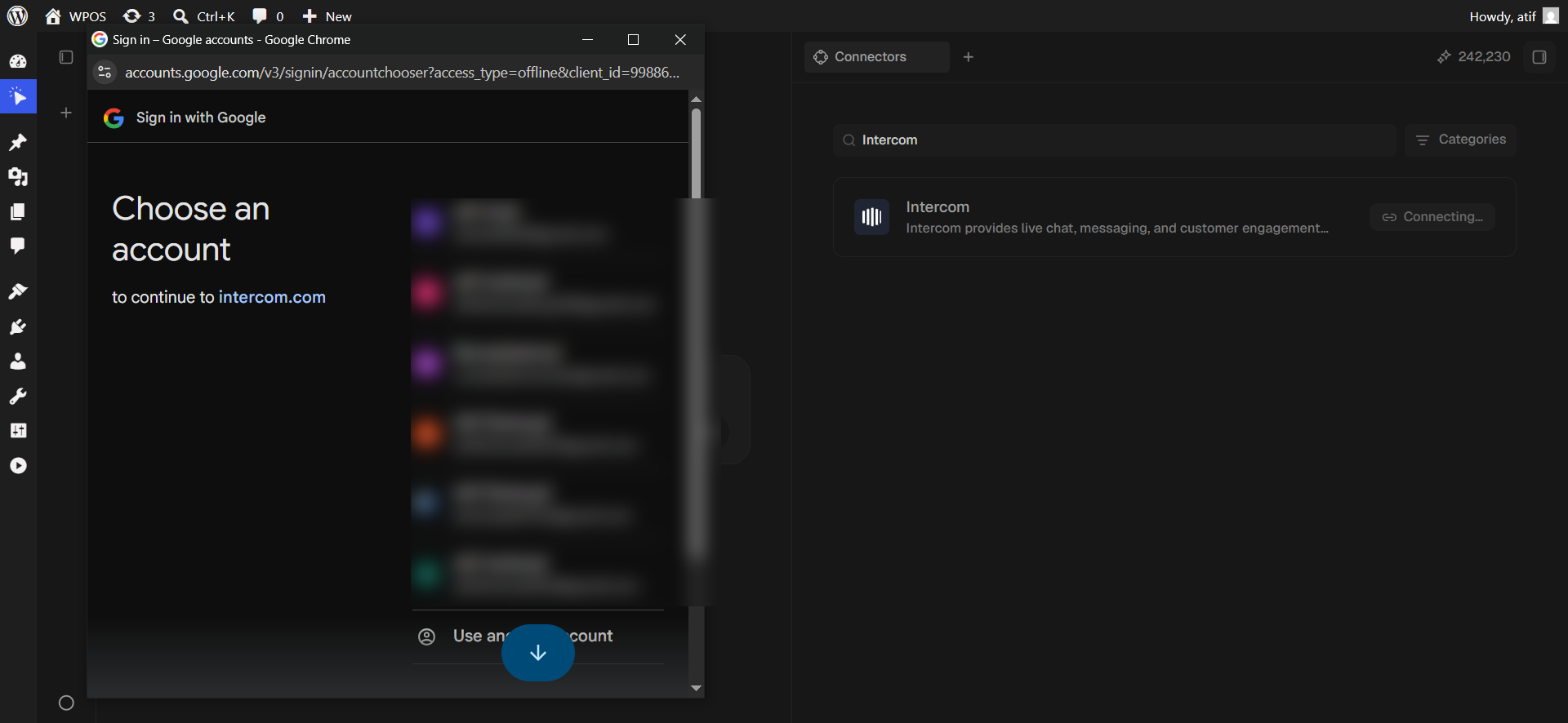 Google's account chooser, headed to continue to intercom.com.