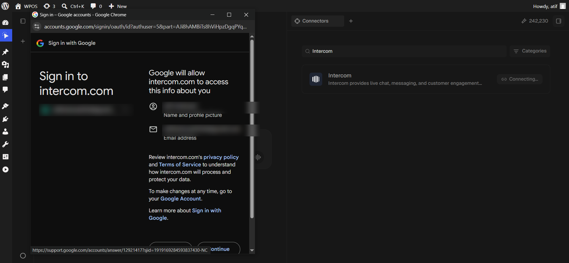 The Google screen confirming what intercom.com will receive.
