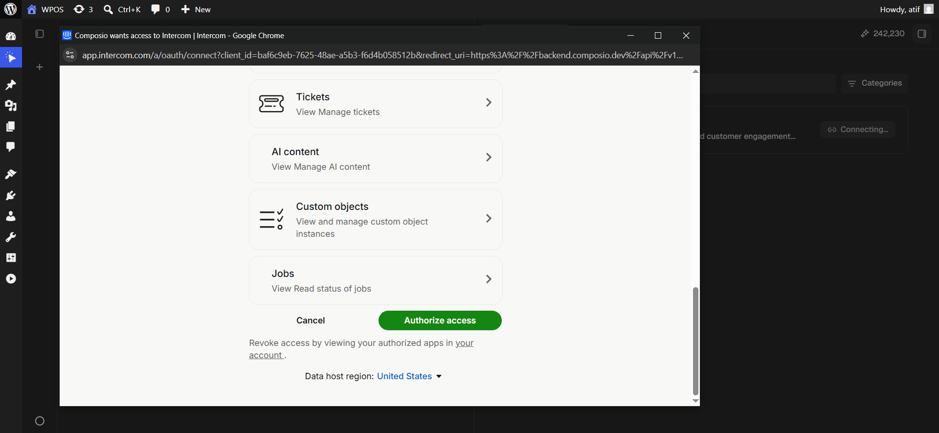 Intercom's authorization screen listing scopes, with an Authorize access button and a data host region selector.