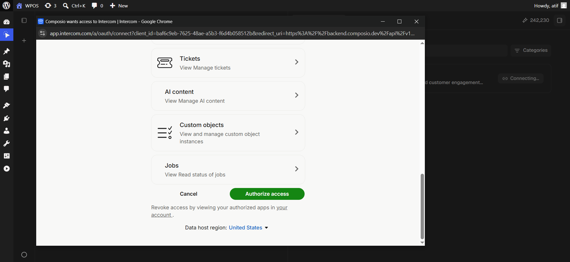 Intercom's authorization screen listing scopes, with an Authorize access button and a data host region selector.