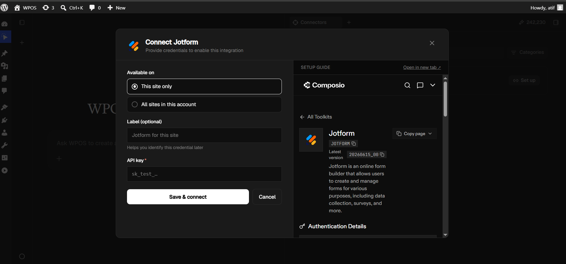 The Connect Jotform dialog with Available on, Label, and API key fields beside embedded documentation.