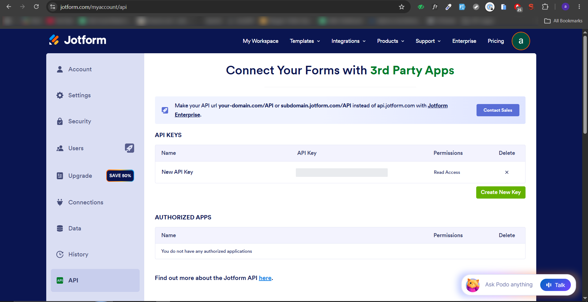 Jotform's API page showing an API key with Read Access permission and a Create New Key button.