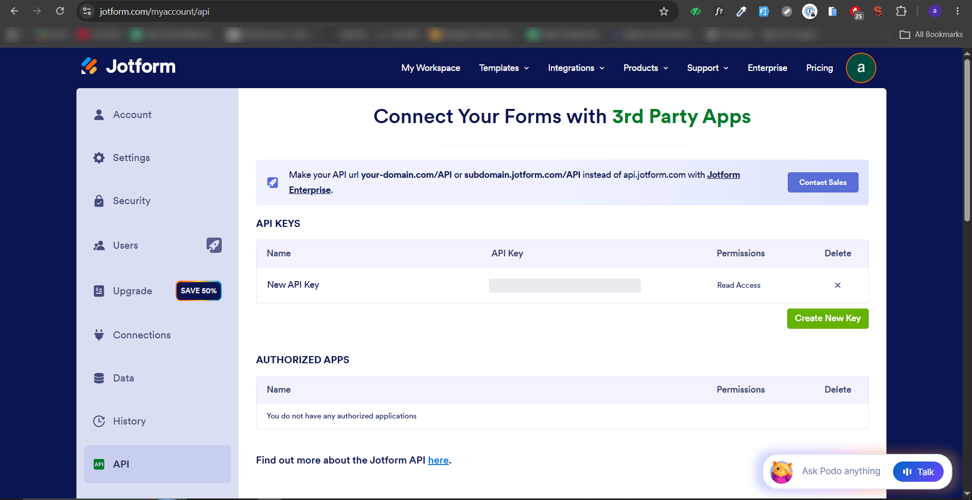 Jotform's API page showing an API key with Read Access permission and a Create New Key button.