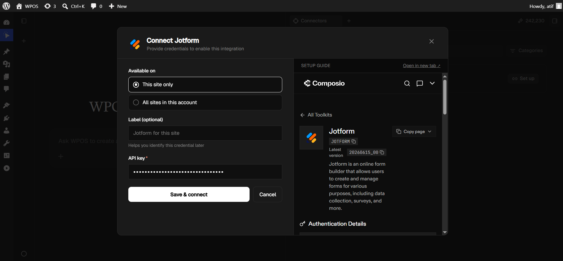 The Connect Jotform dialog with a masked API key and a Save and connect button.