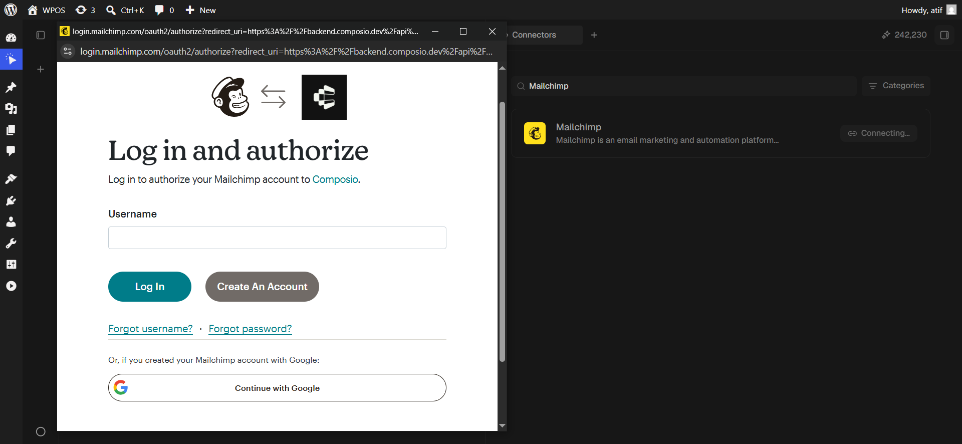 Mailchimp's log in and authorize page with username, password, and Continue with Google.