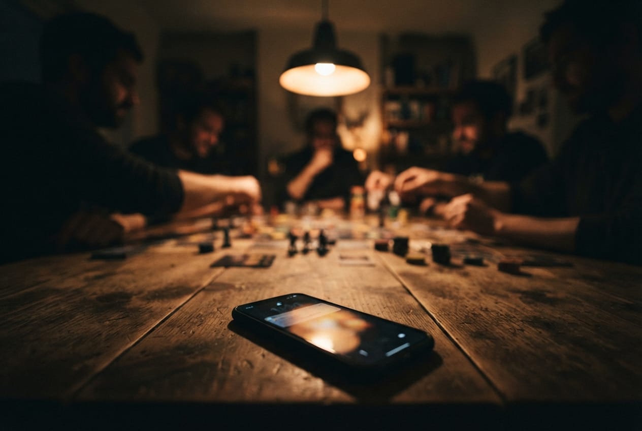 A phone lying face up on a wooden table during a board game night, with players seated around the board behind it.