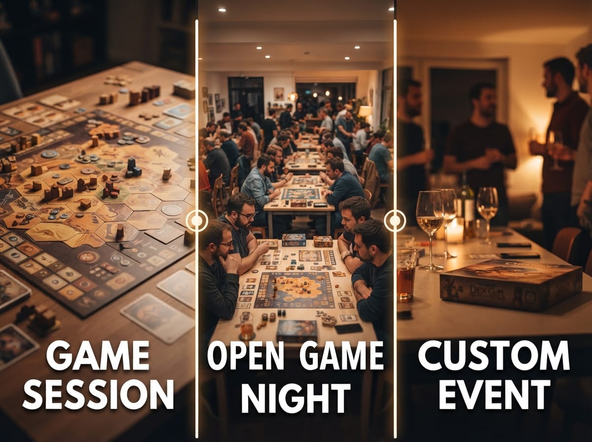 Three scenes side by side: a board game laid out on a table, a crowded hall of people playing at long tables, and a living room gathering with drinks.