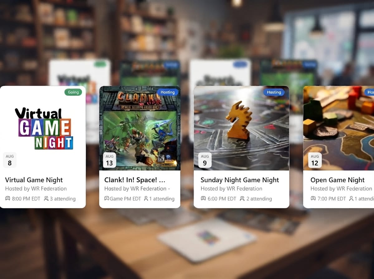 A row of upcoming event cards showing dates, titles, hosts and attendee counts, floating over a blurred game shop interior.