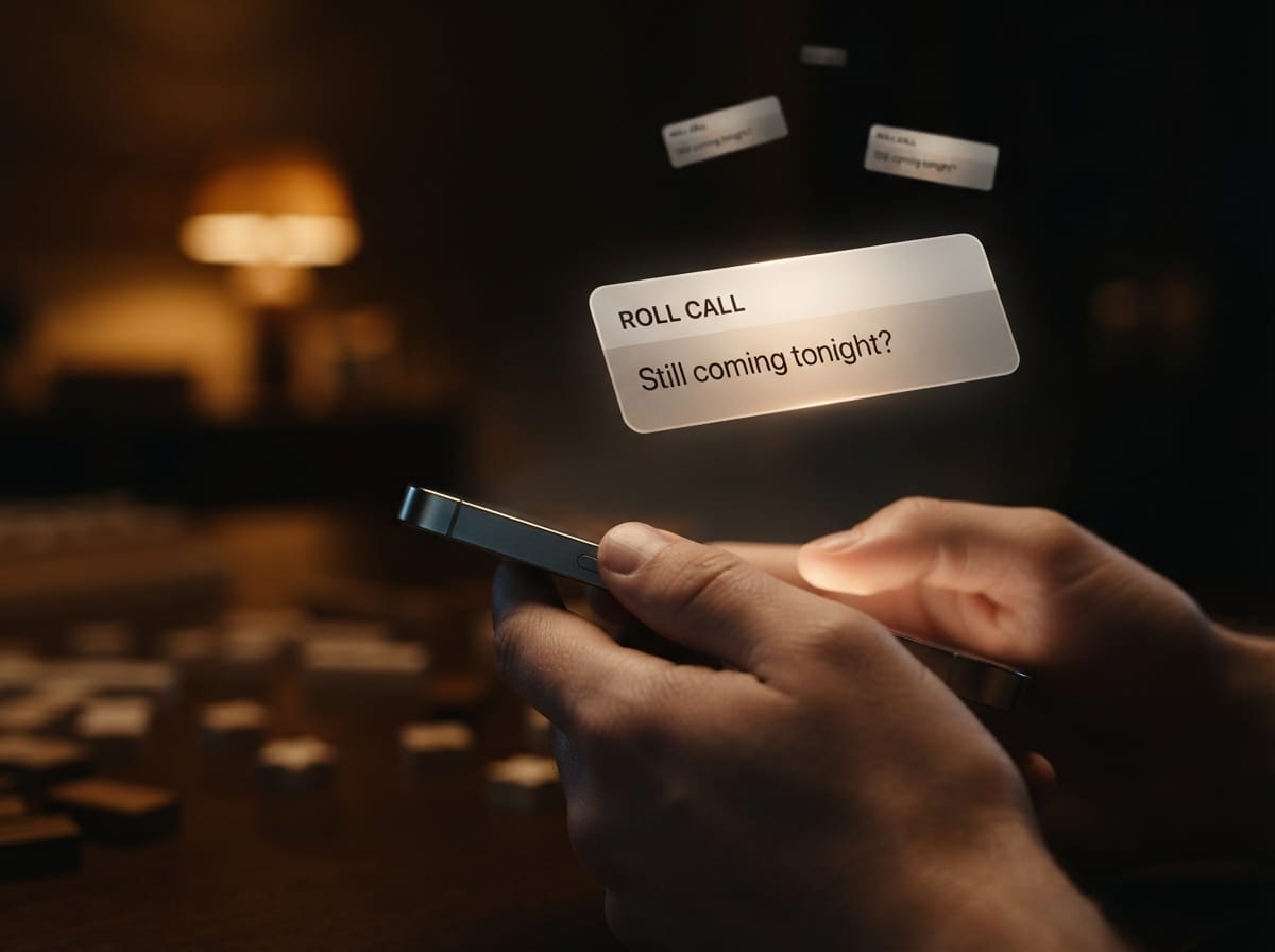 Two hands holding a phone in a dim room, with a notification card reading Still coming tonight floating above the screen.