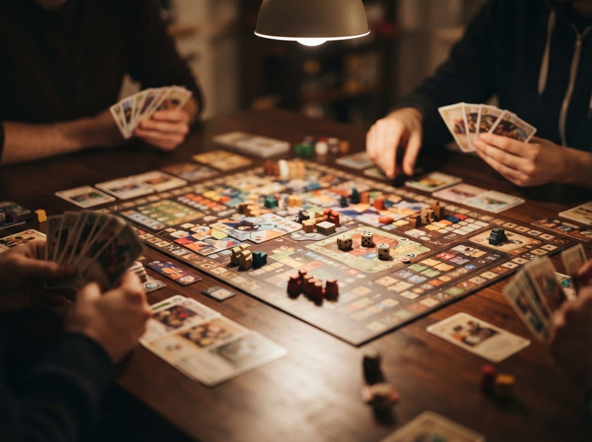 Four players around a wooden table under a hanging lamp, holding cards over a large board covered in pieces and dice.