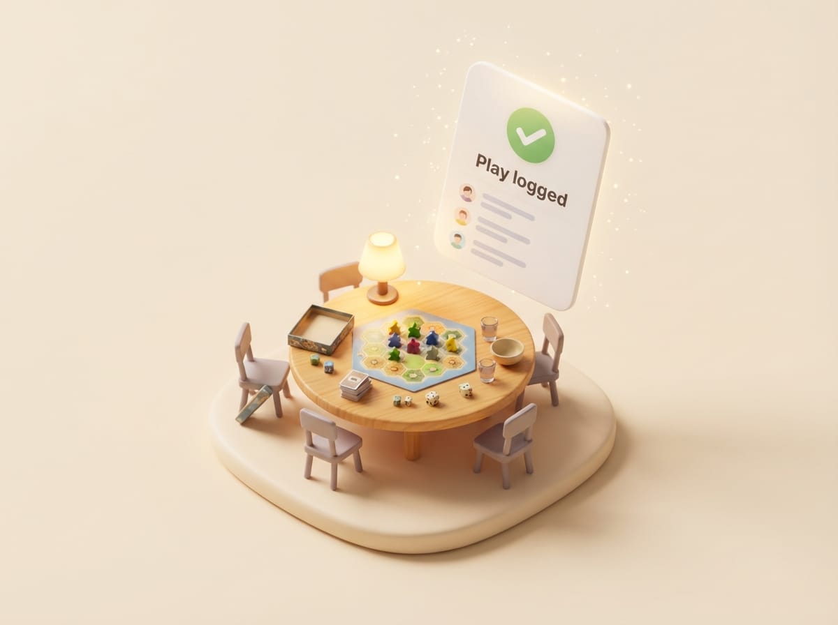 A small illustrated round table set with a board game, and a card above it confirming that a play was logged.