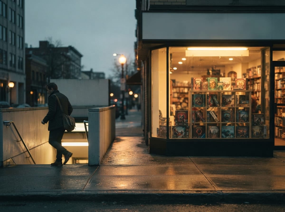 A person with a shoulder bag walking down station steps at dusk, across from a lit shop window full of board games.