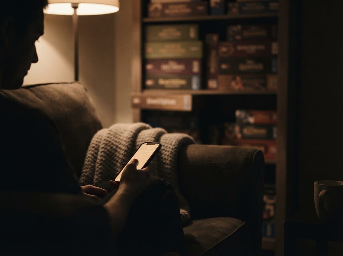 A person sitting in an armchair at night lit by their phone screen, with shelves of board games behind them.