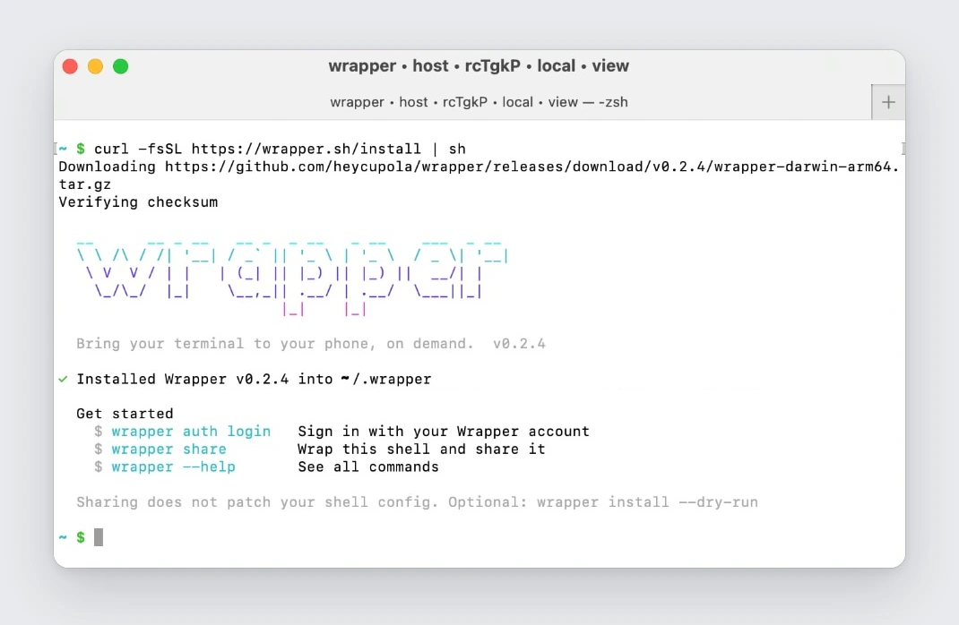 Terminal output of the curl installer on macOS: download and checksum verification, the Wrapper banner, Installed Wrapper v0.2.4 into ~/.wrapper, and the Get started commands