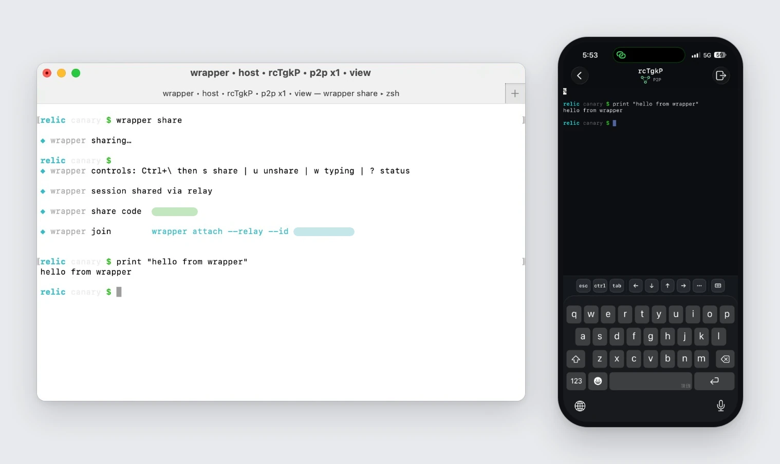 A macOS terminal running wrapper share, showing the controls hint, a redacted share code, and the join command, next to an iPhone viewing the same session over P2P