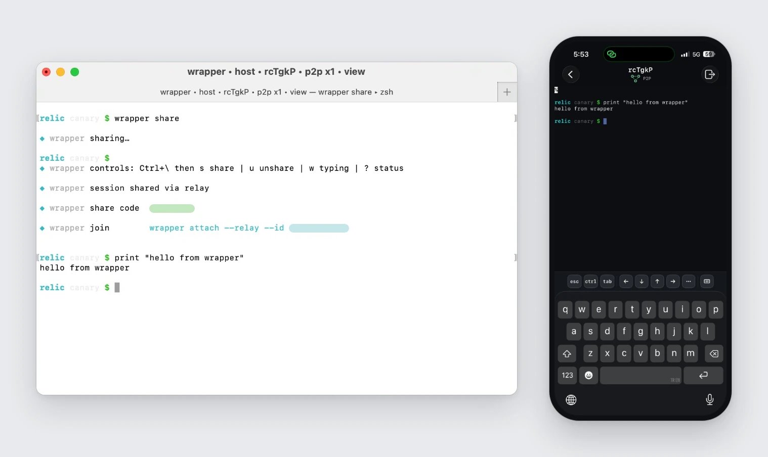 A macOS terminal running wrapper share, showing the controls hint, a redacted share code, and the join command, next to an iPhone viewing the same session over P2P