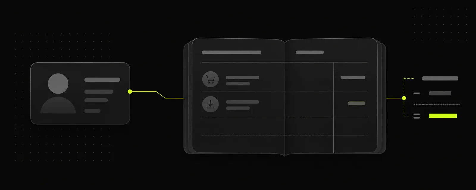 A customer alias card connects to a purchase and received-payment ledger.