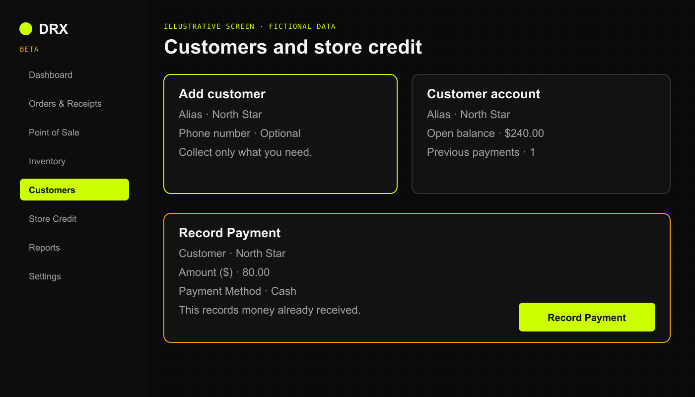 Illustrative customer and Record Payment forms using a fictional alias and balance.
