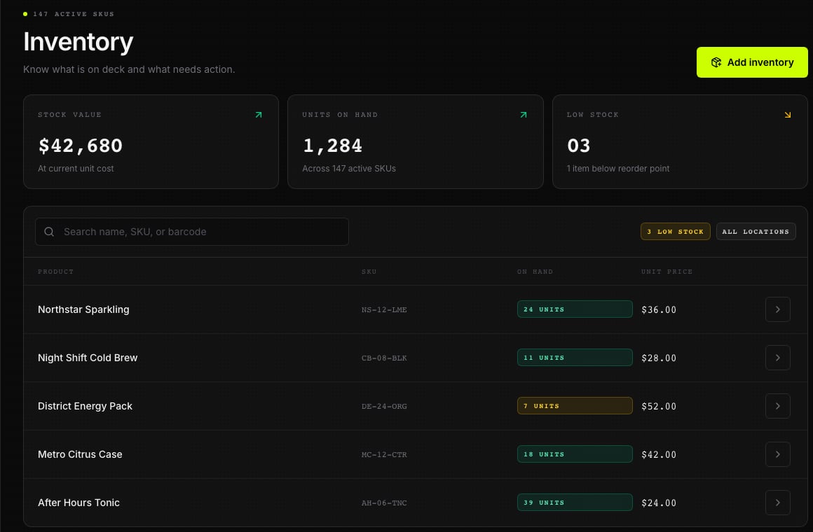 Illustrative DRX Inventory page with fictional products, counts, and an Add inventory action.