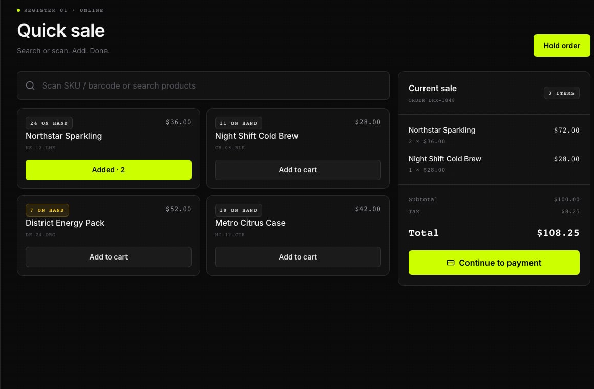 Illustrative Quick sale screen with fictional products, a cart, and a reviewable total.