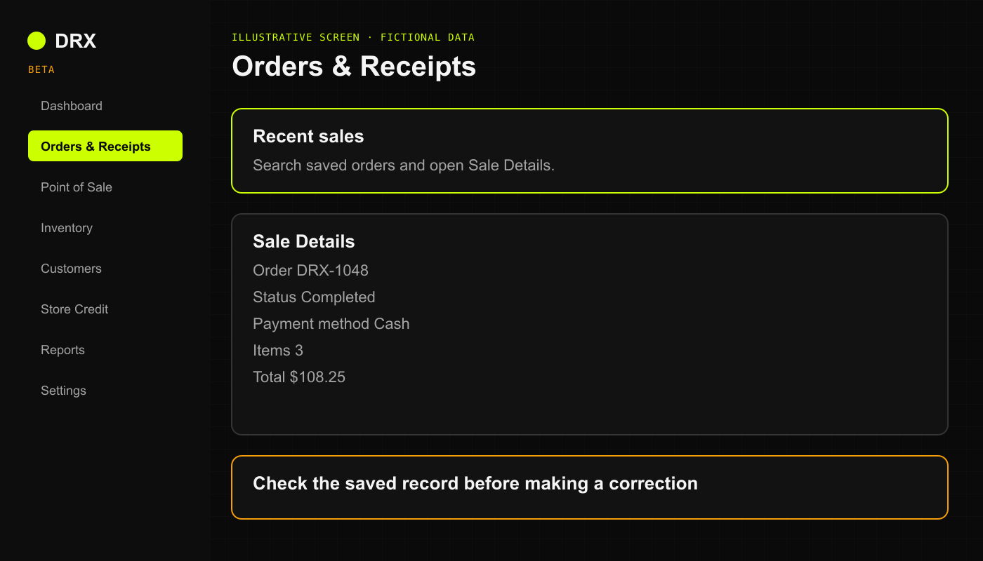 Illustrative Orders and Receipts page showing fictional Sale Details.