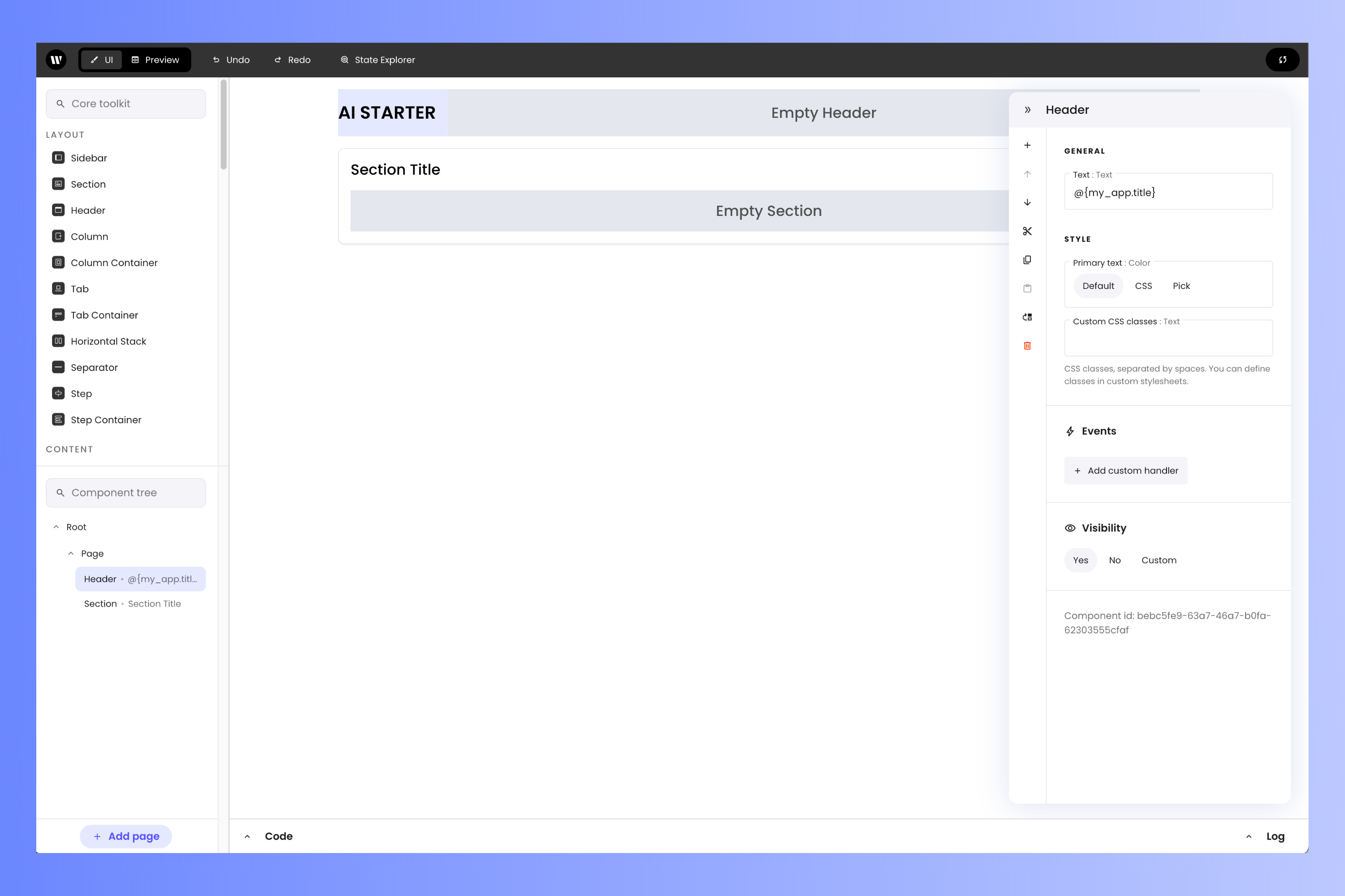 The selected header and its properties panel