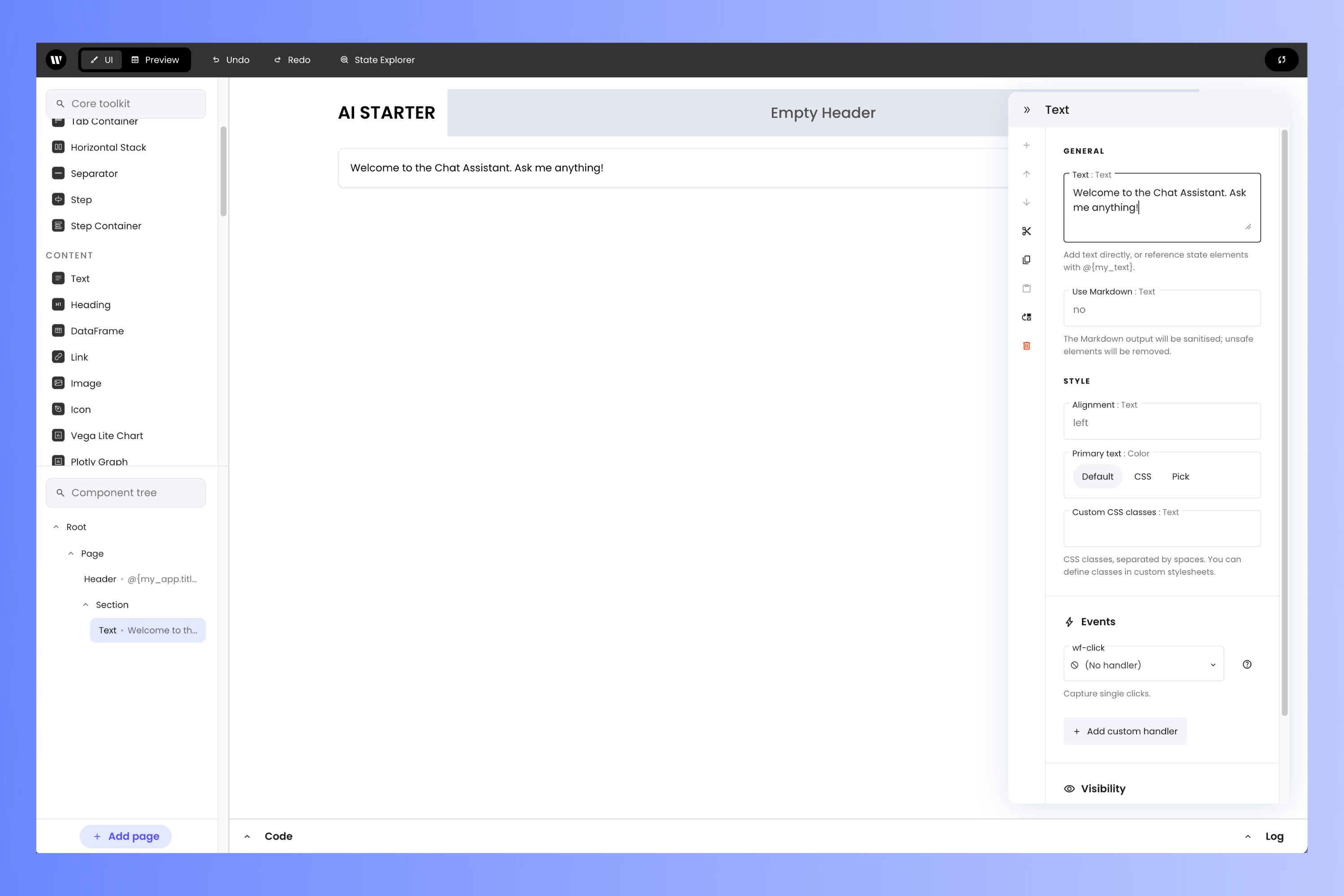 The text component and its properties panel