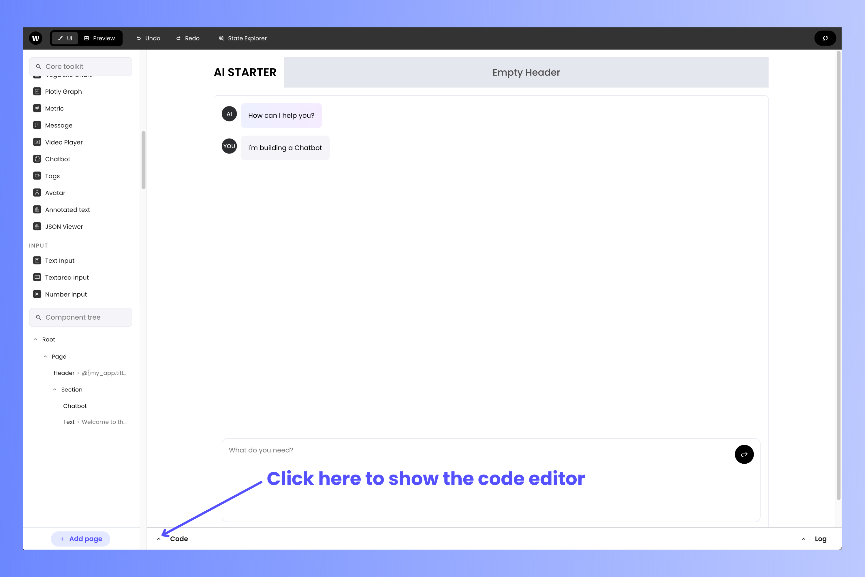 Project editor with arrow pointing to toggle code button