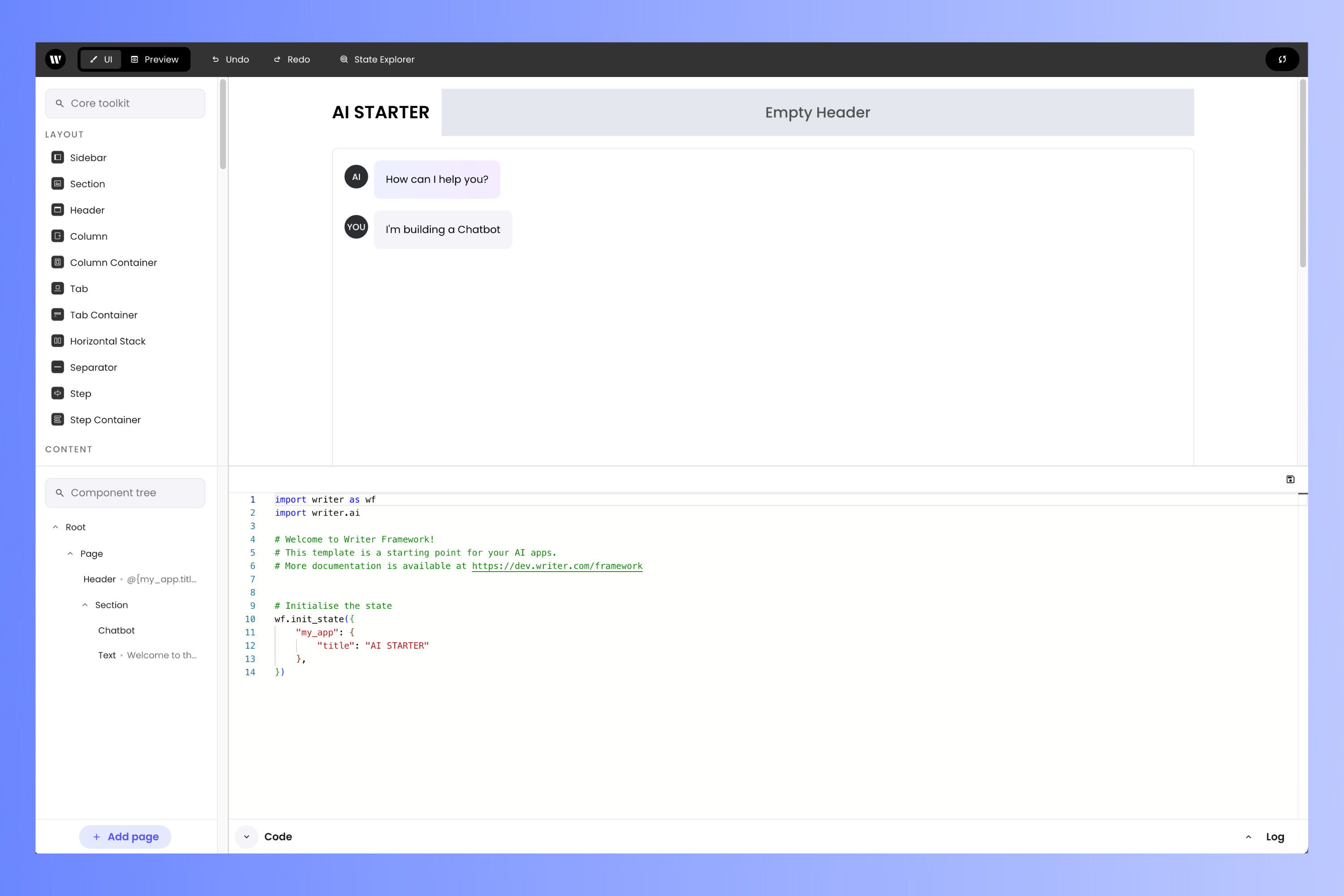 Project editor with the code editor displayed