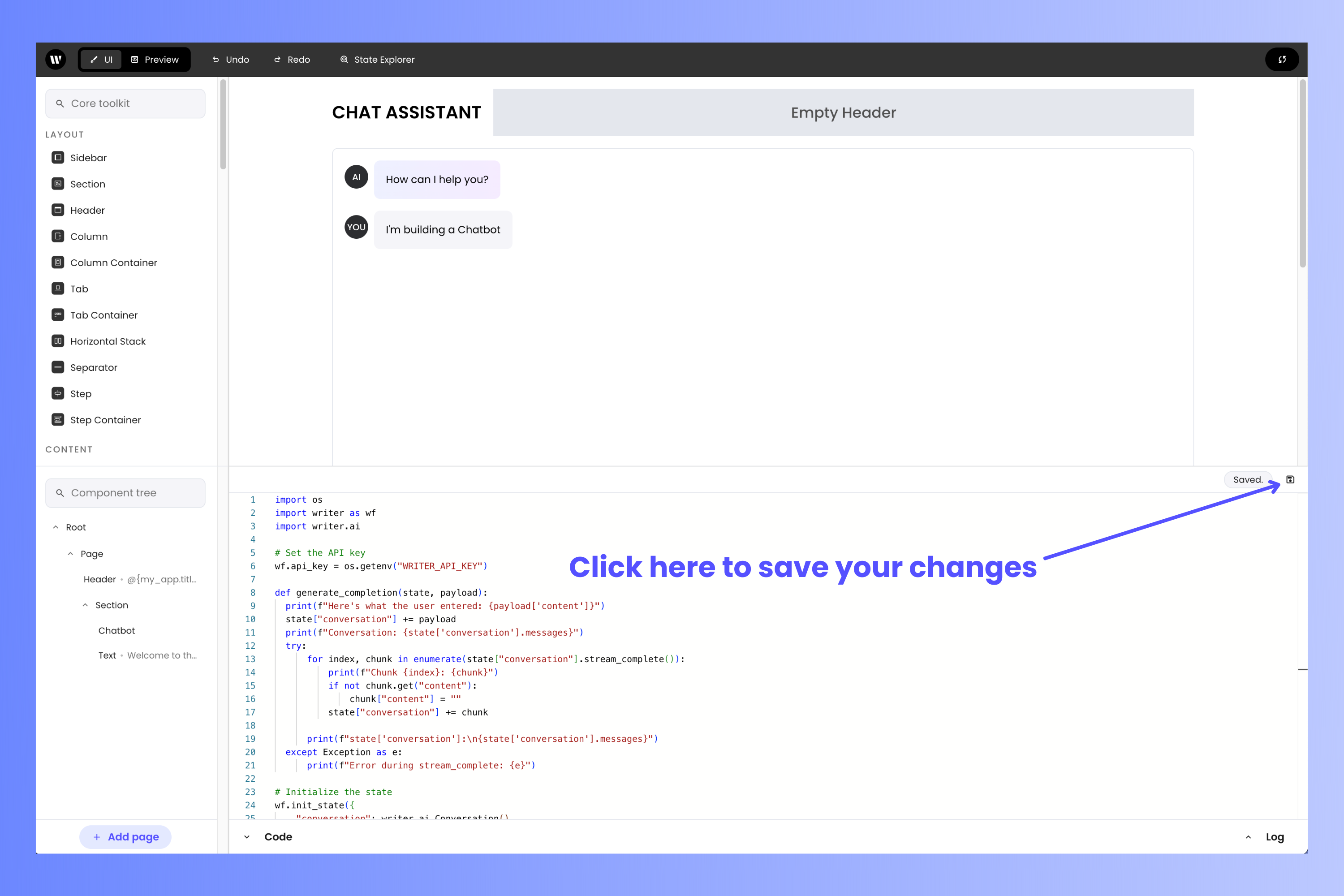 Project editor and code editor, with arrow pointing to save button