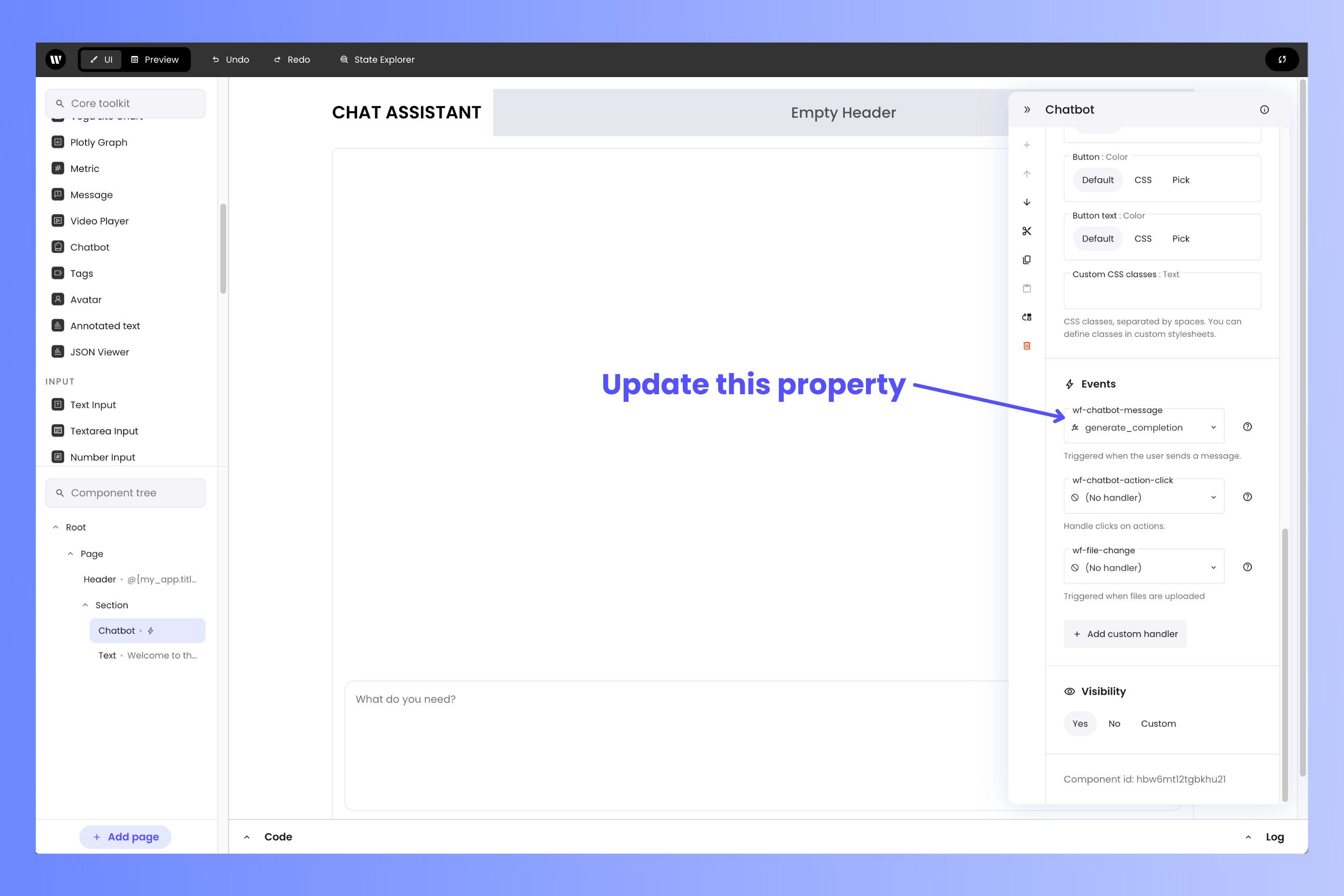 Updating the Chatbot's wf_chatbot_message property