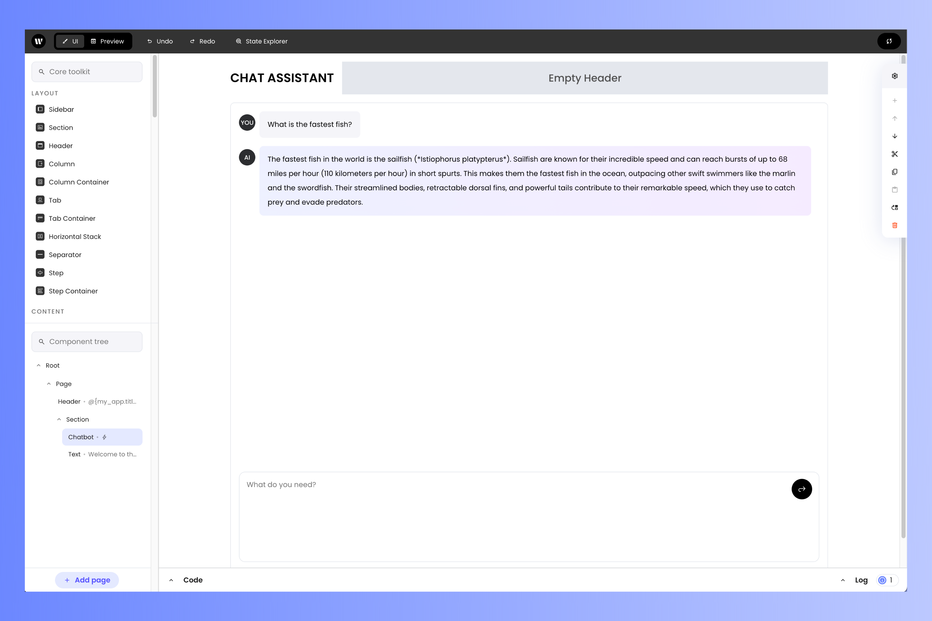 The chat assistant, with the project editor in "UI" mode