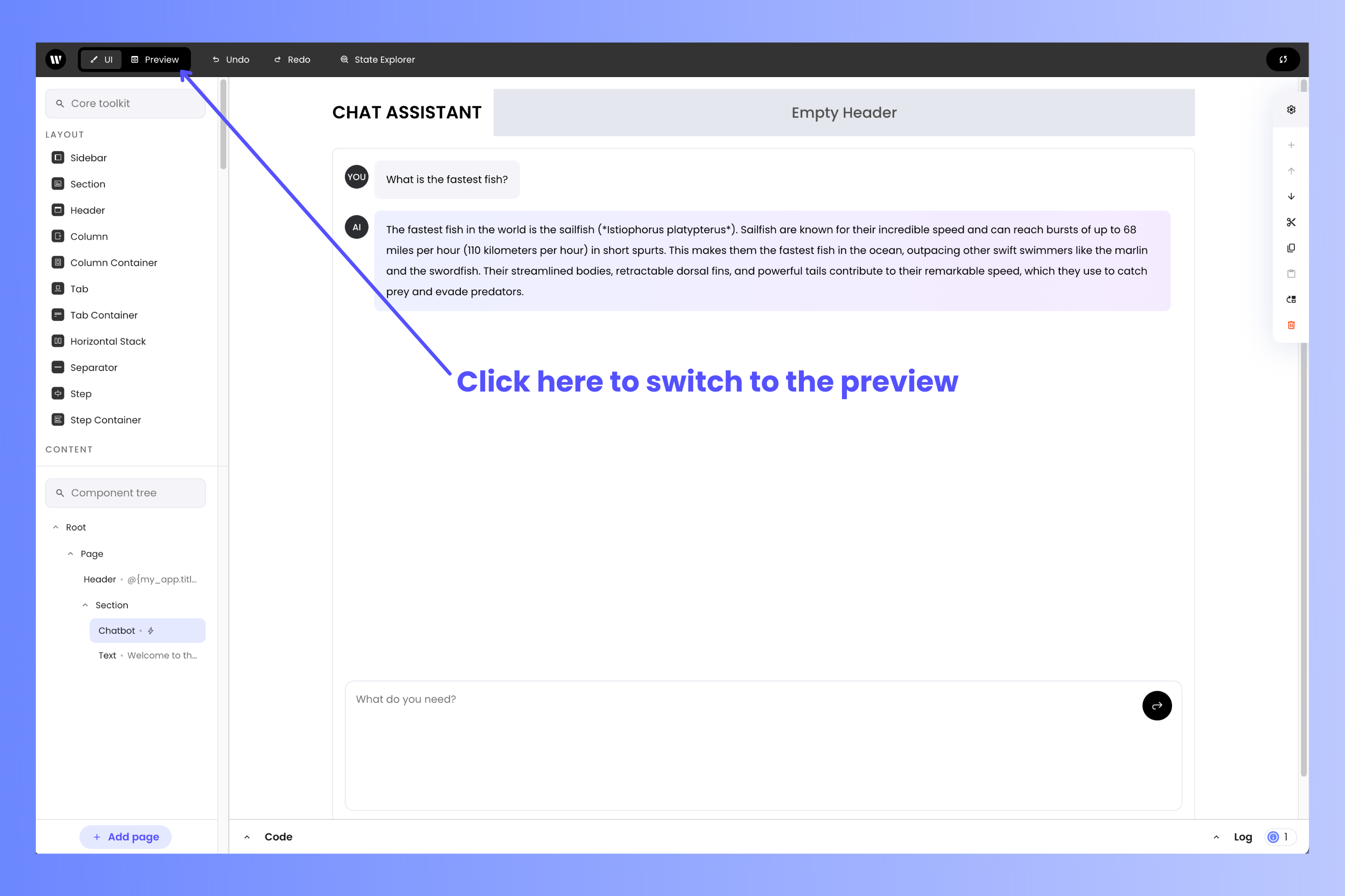 The project editor with an arrow pointing to the Preview button