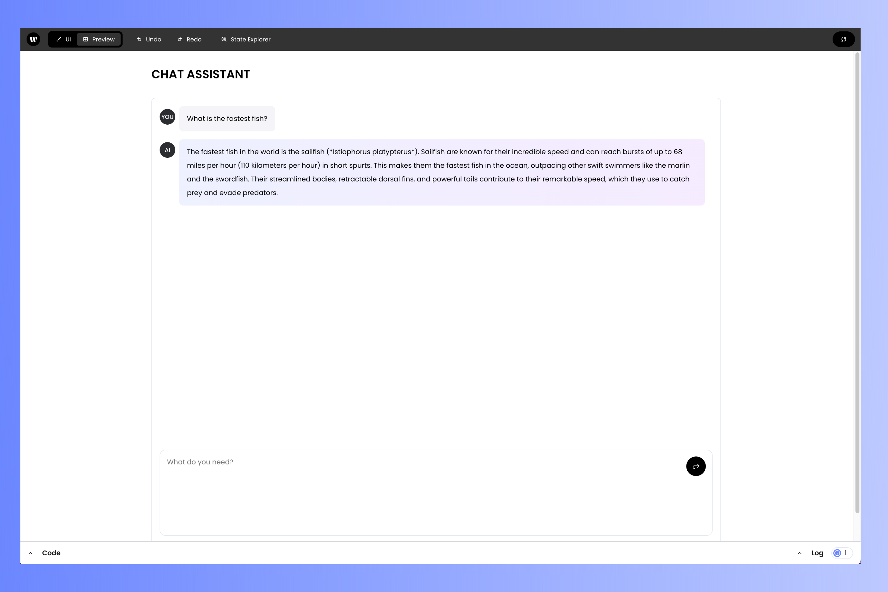 The chat assistant, with the project editor in "Preview" mode