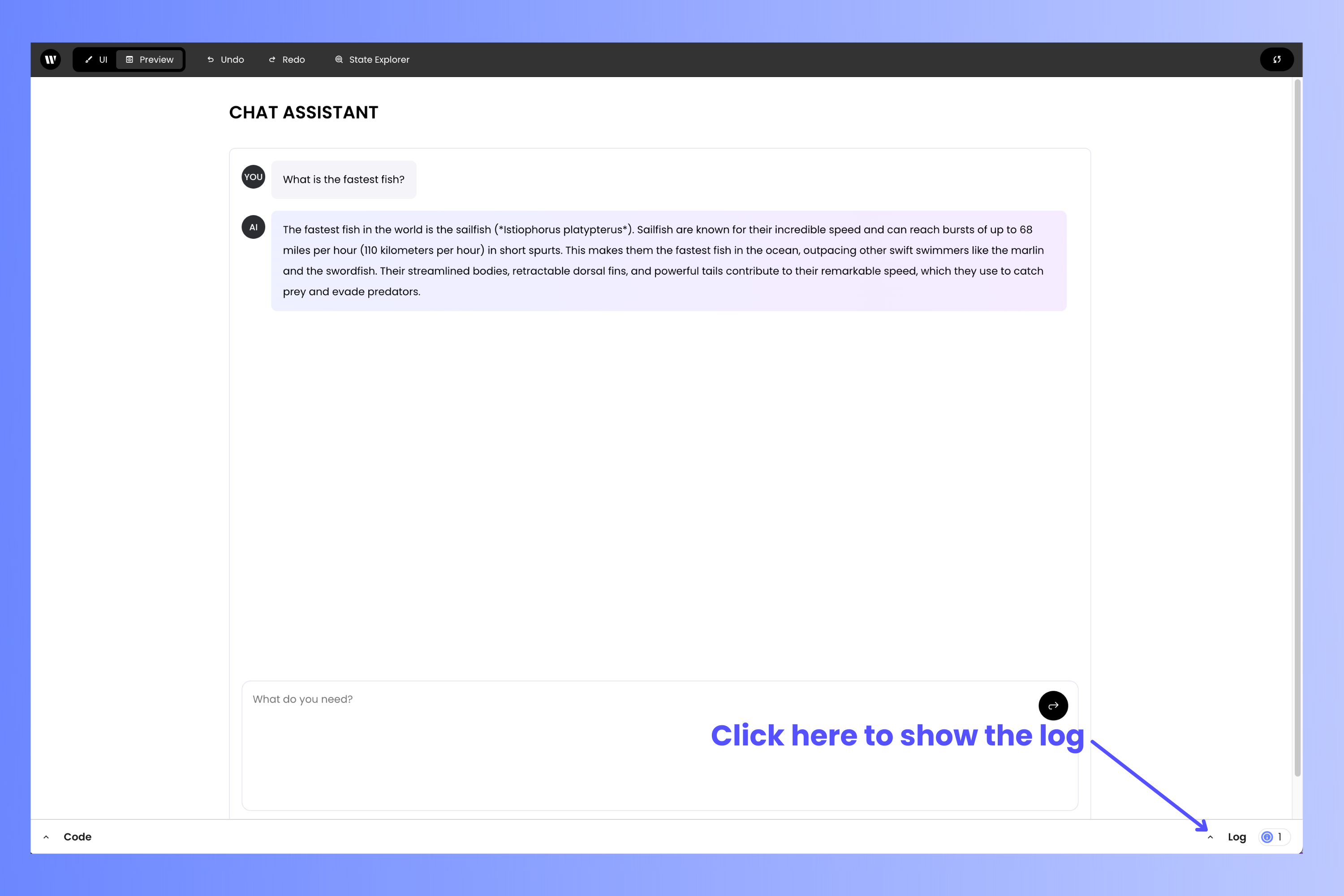 The chat assistant with an arrow pointing to the Log button
