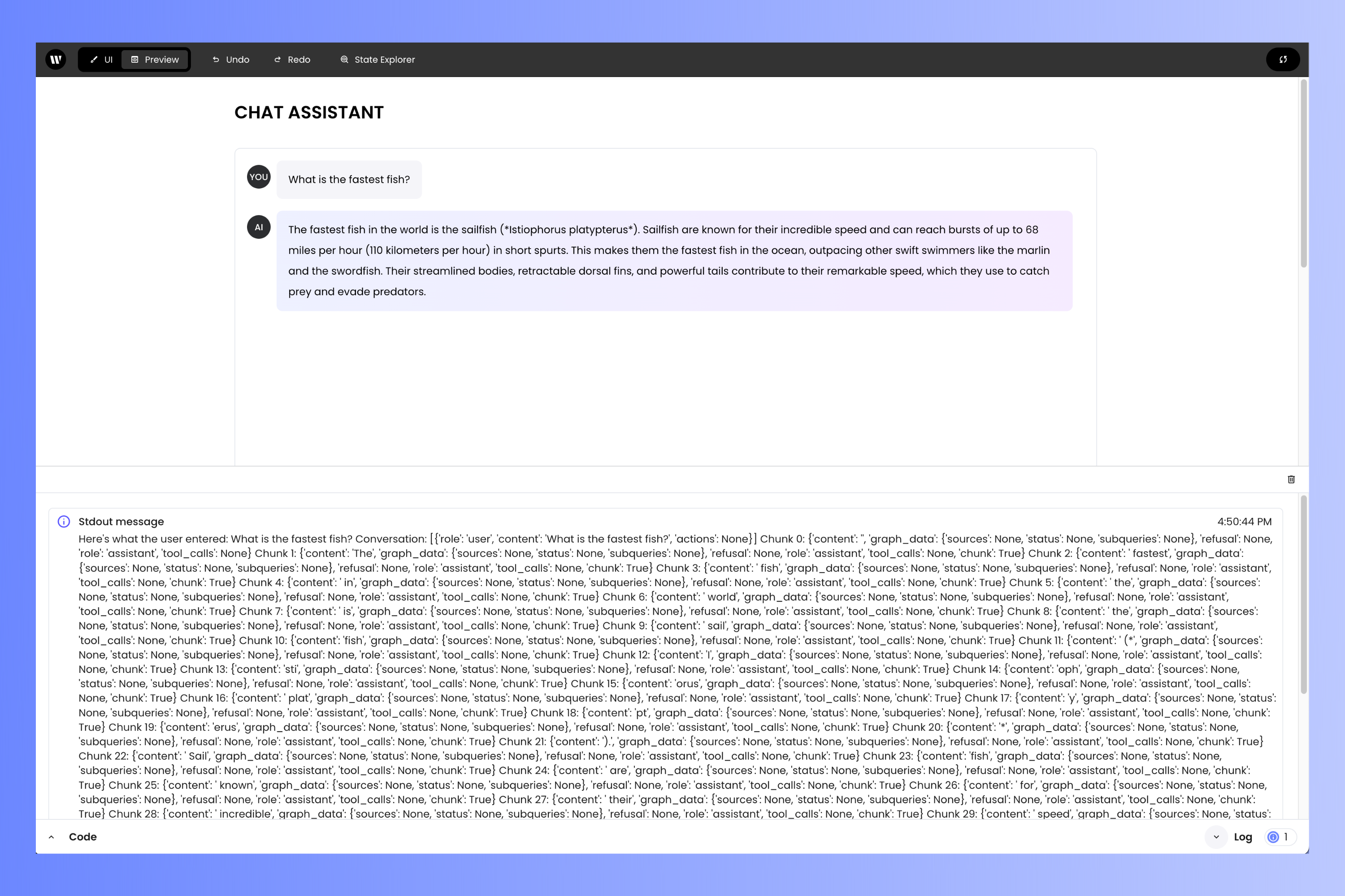 The working chat assistant, with the log pane displayed