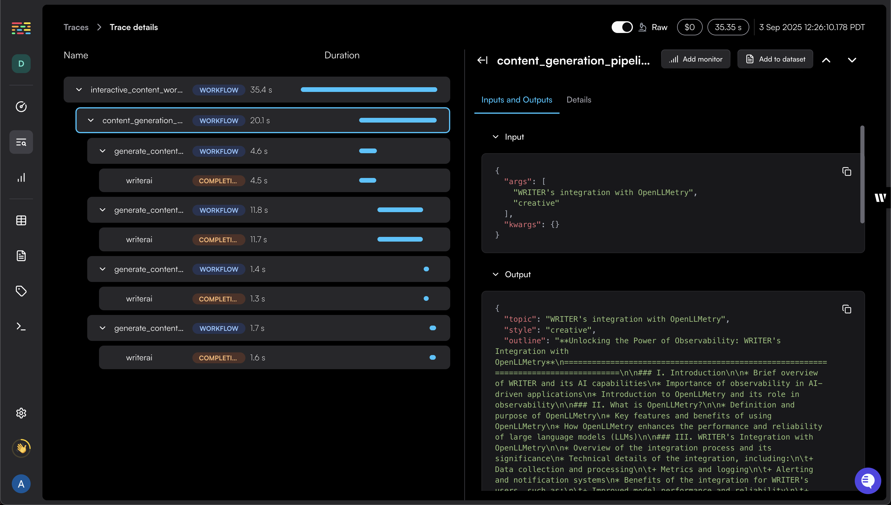Traceloop dashboard showing Writer integration with OpenLLMetry