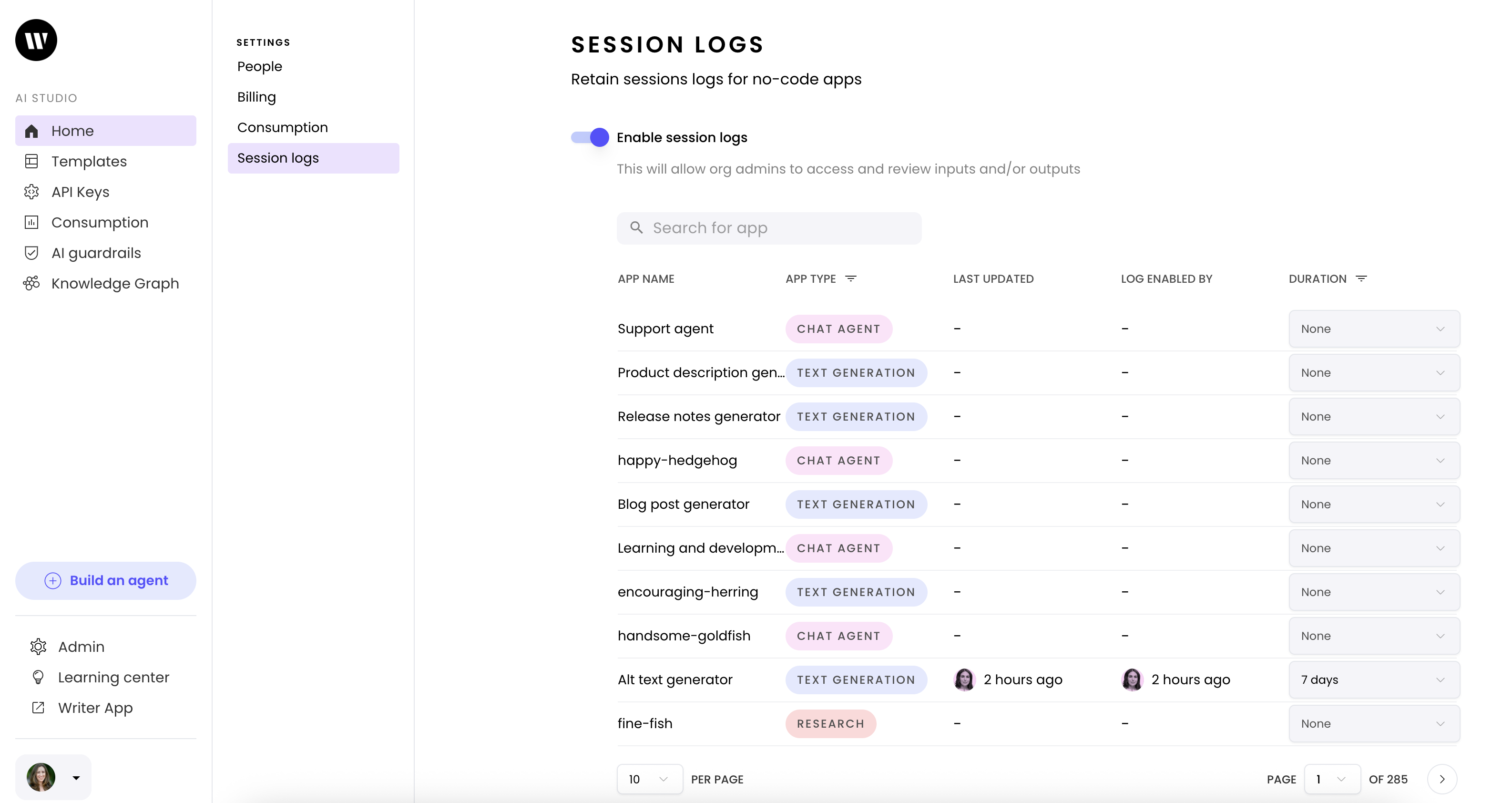 Session log page in the Admin tab, which shows a list of agents and their session log settings.
