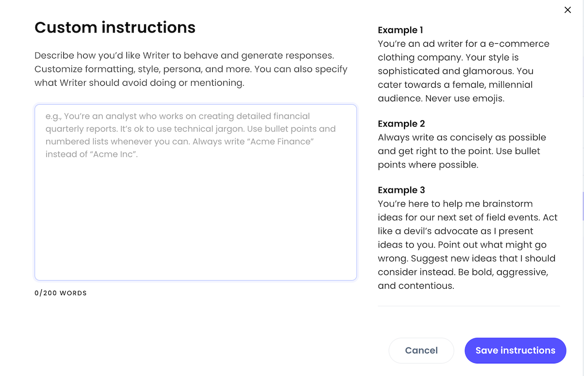 "Custom instructions" window