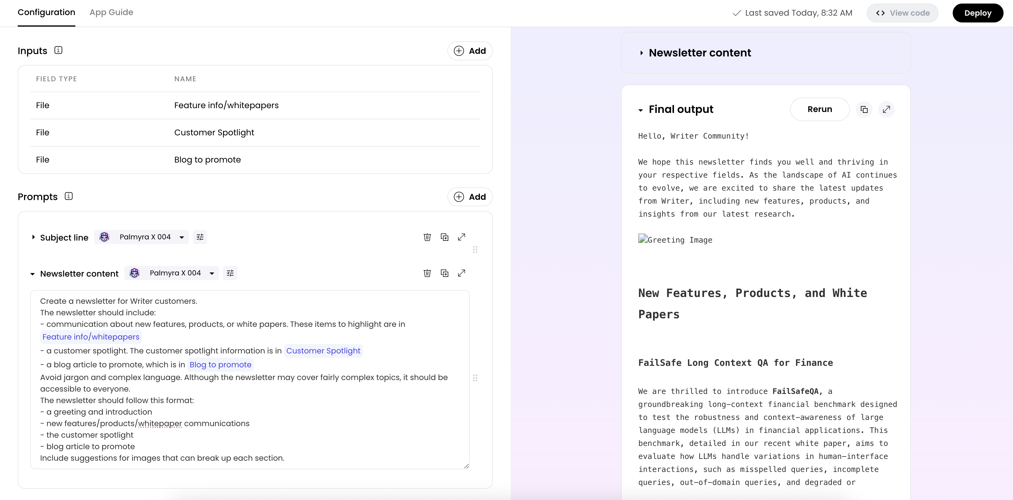 newsletter agent showing inputs, prompts, and the generated newsletter content preview.