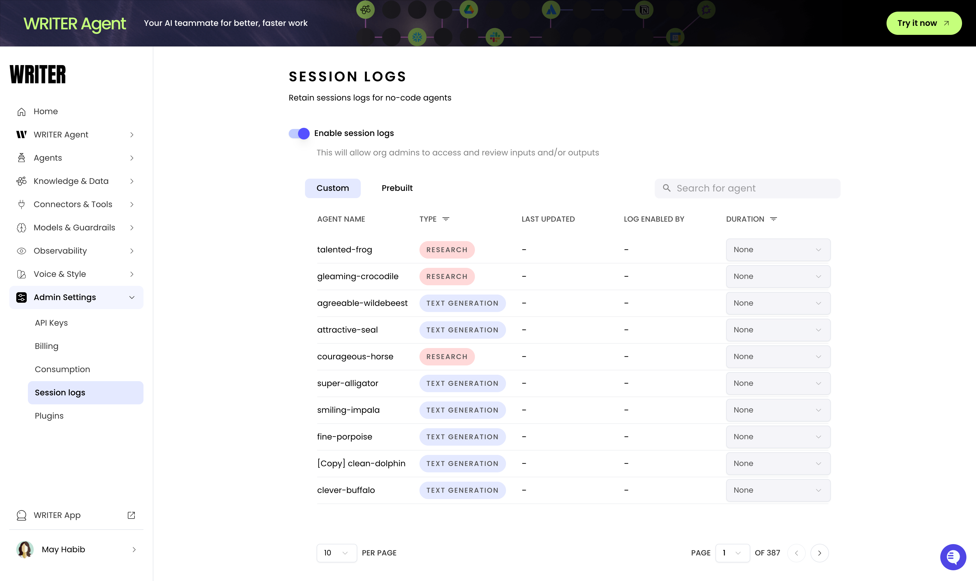 Session log page in the Admin tab, which shows a list of agents and their session log settings.