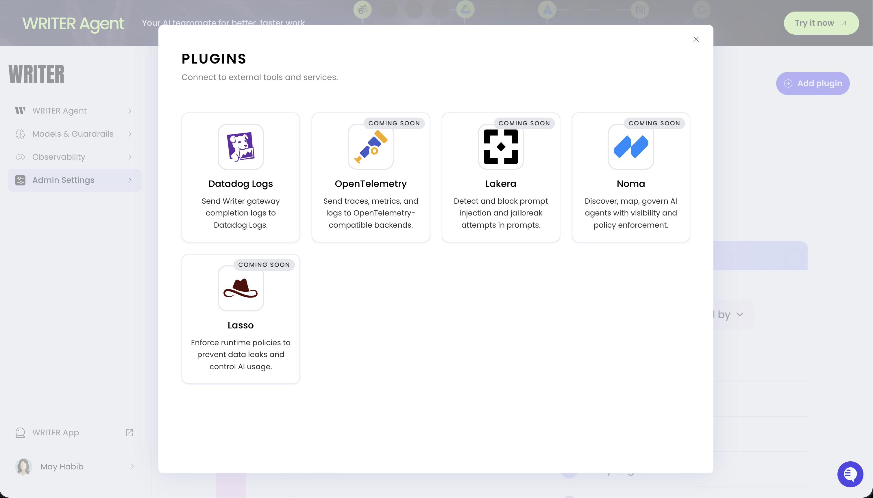 Plugins page in AI Studio showing list of configured plugins.