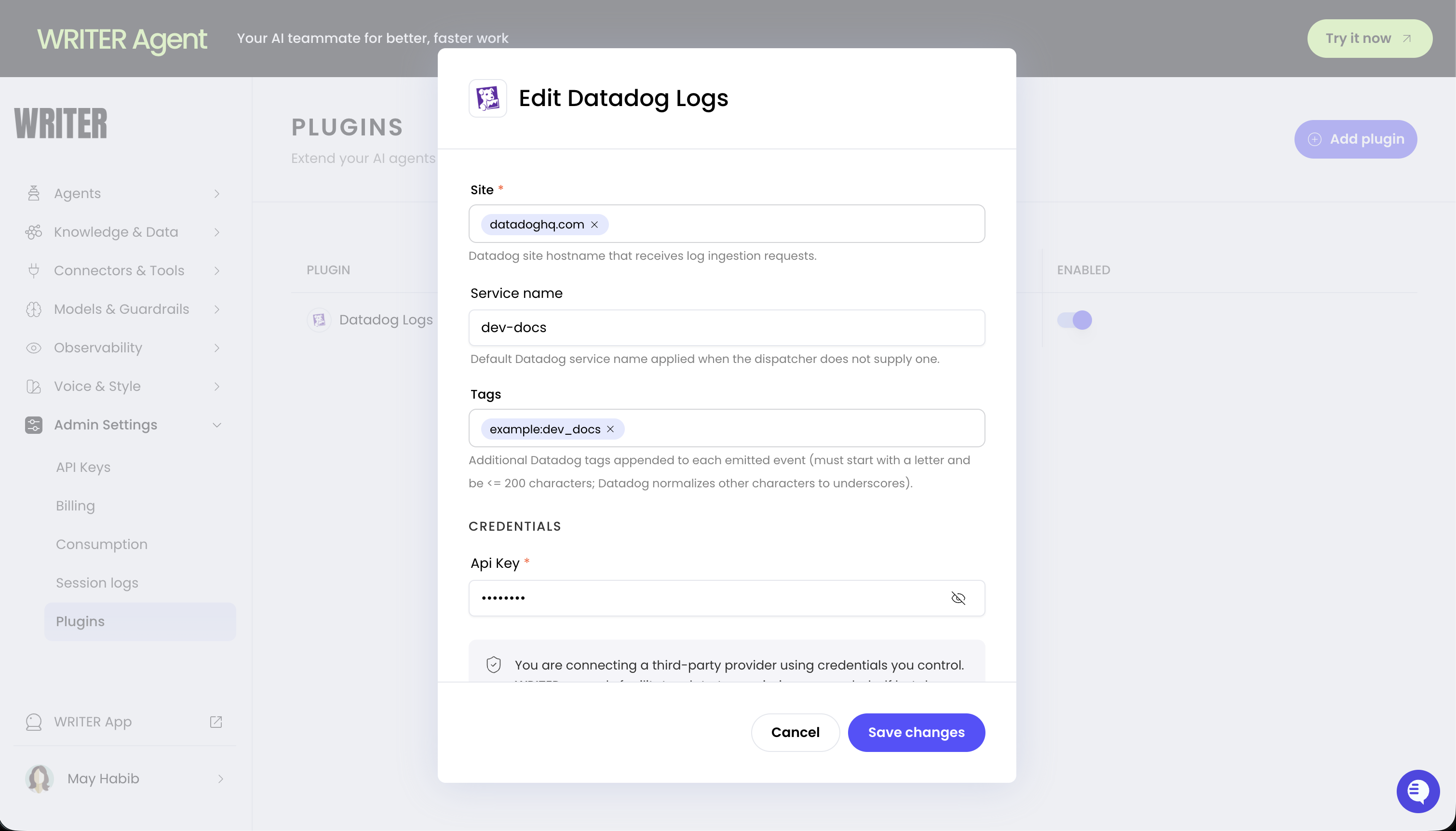 Datadog Logs plugin configuration in AI Studio.
