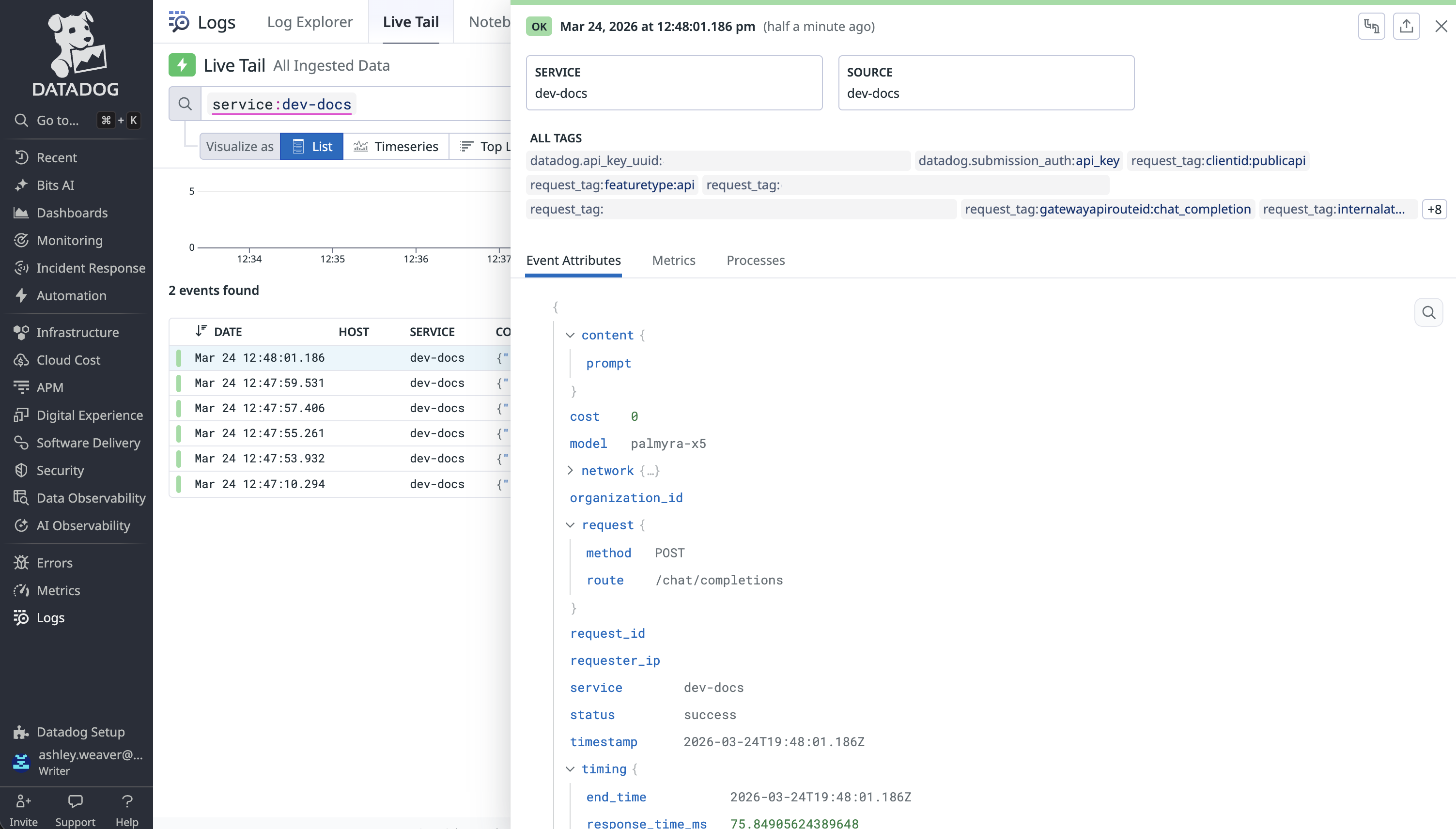 Datadog Logs plugin example in Live tail logs.