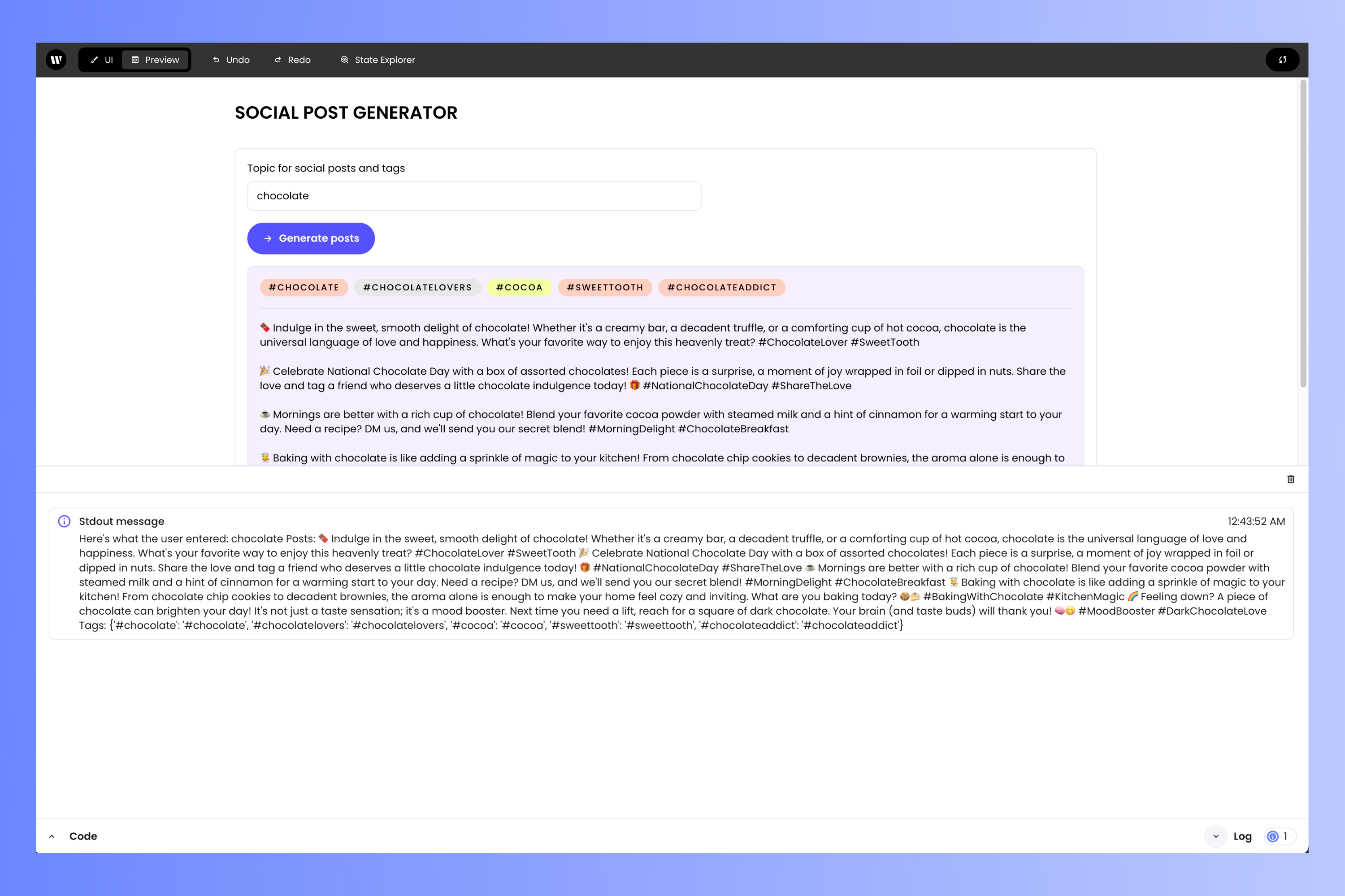 The social post generator, with the log pane displayed