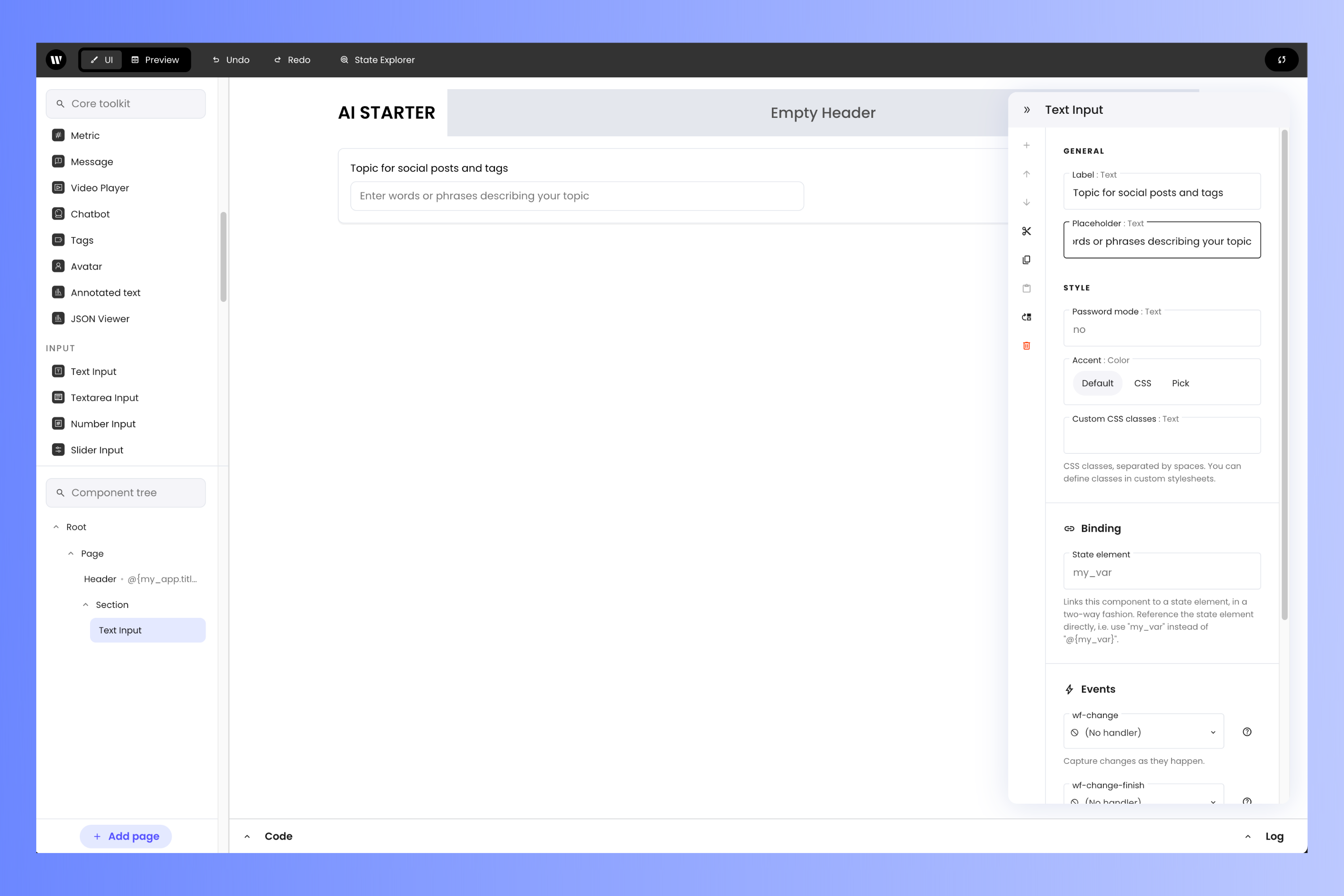 The text input component and its properties panel