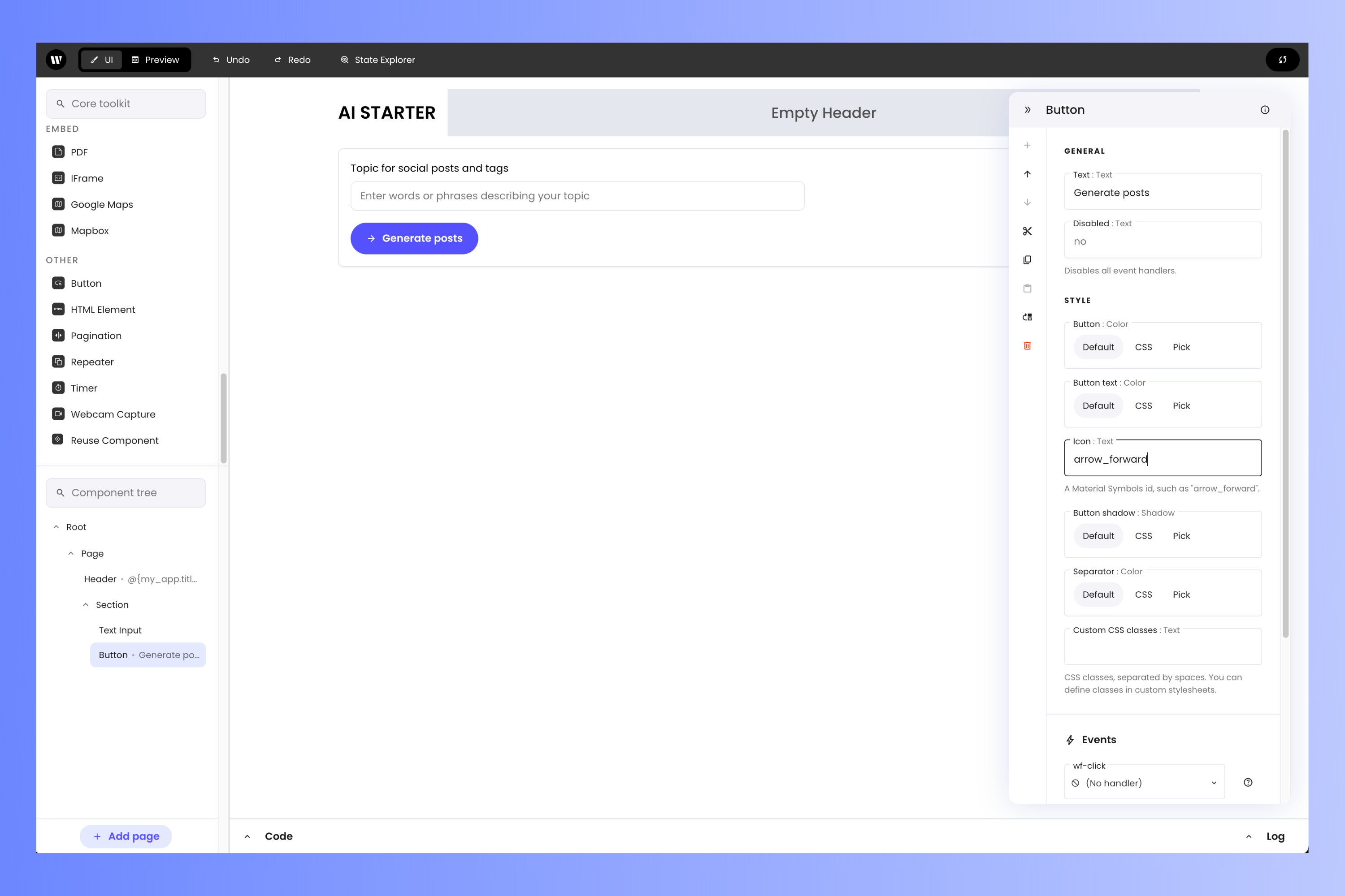 The button component and its properties panel