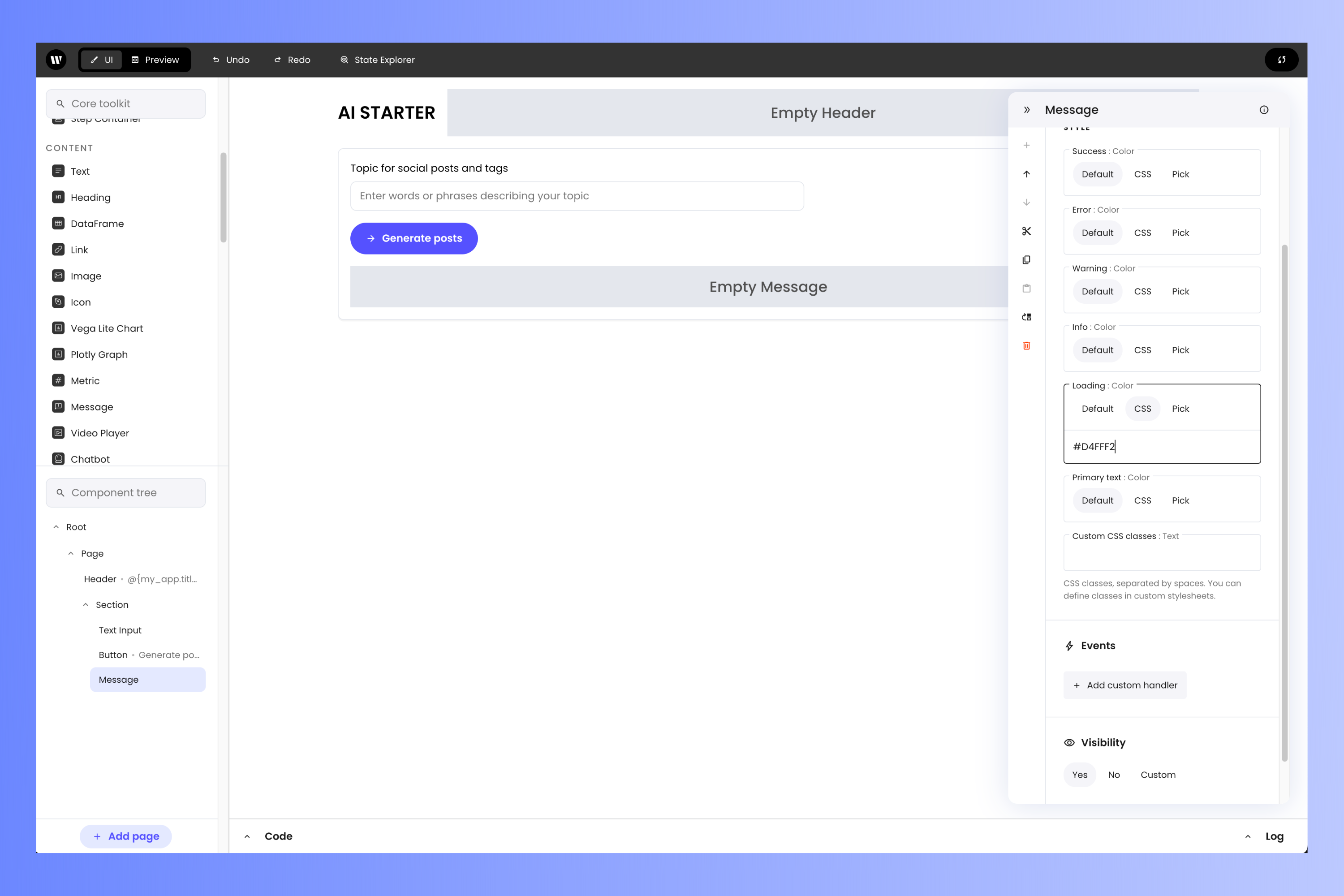 The message component and its properties panel