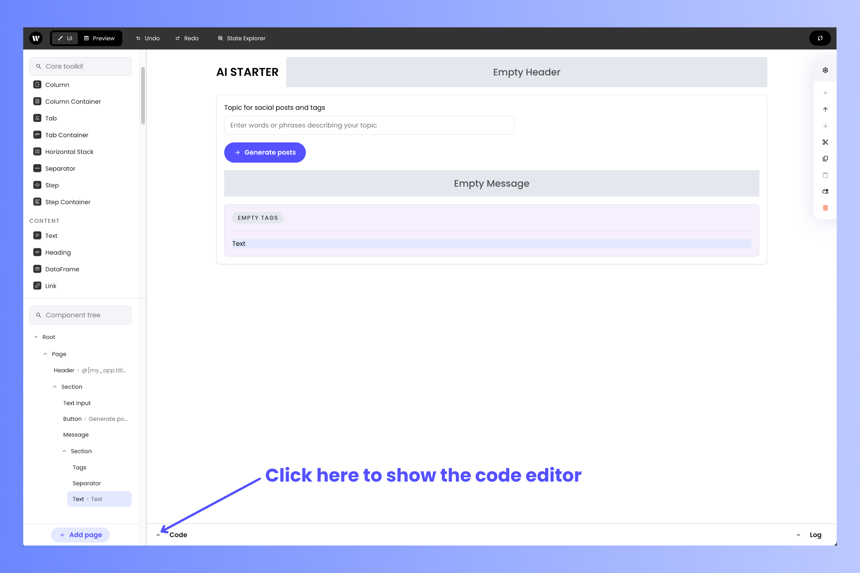 Project editor with arrow pointing to toggle code button